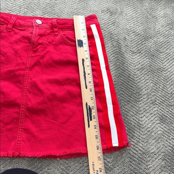 Dear John Red Denim Side Stripe Mini Skirt - Size 28 - Raw Hem & Stretch - Picture 8 of 8